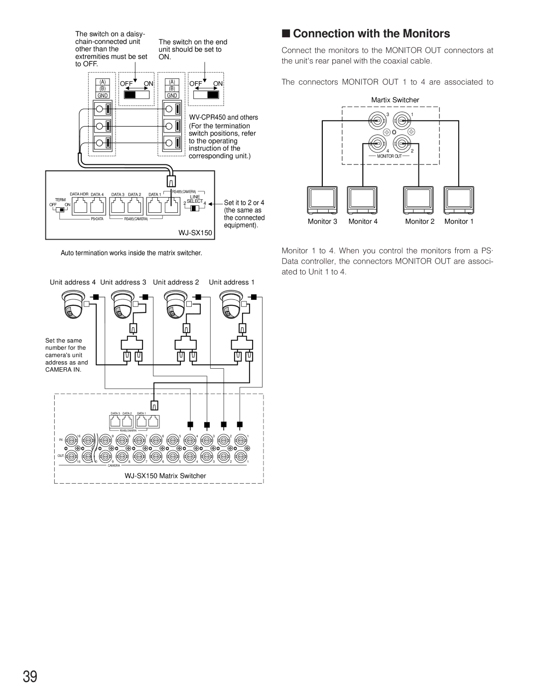 Panasonic WJ-SX 150 manual Connection with the Monitors 