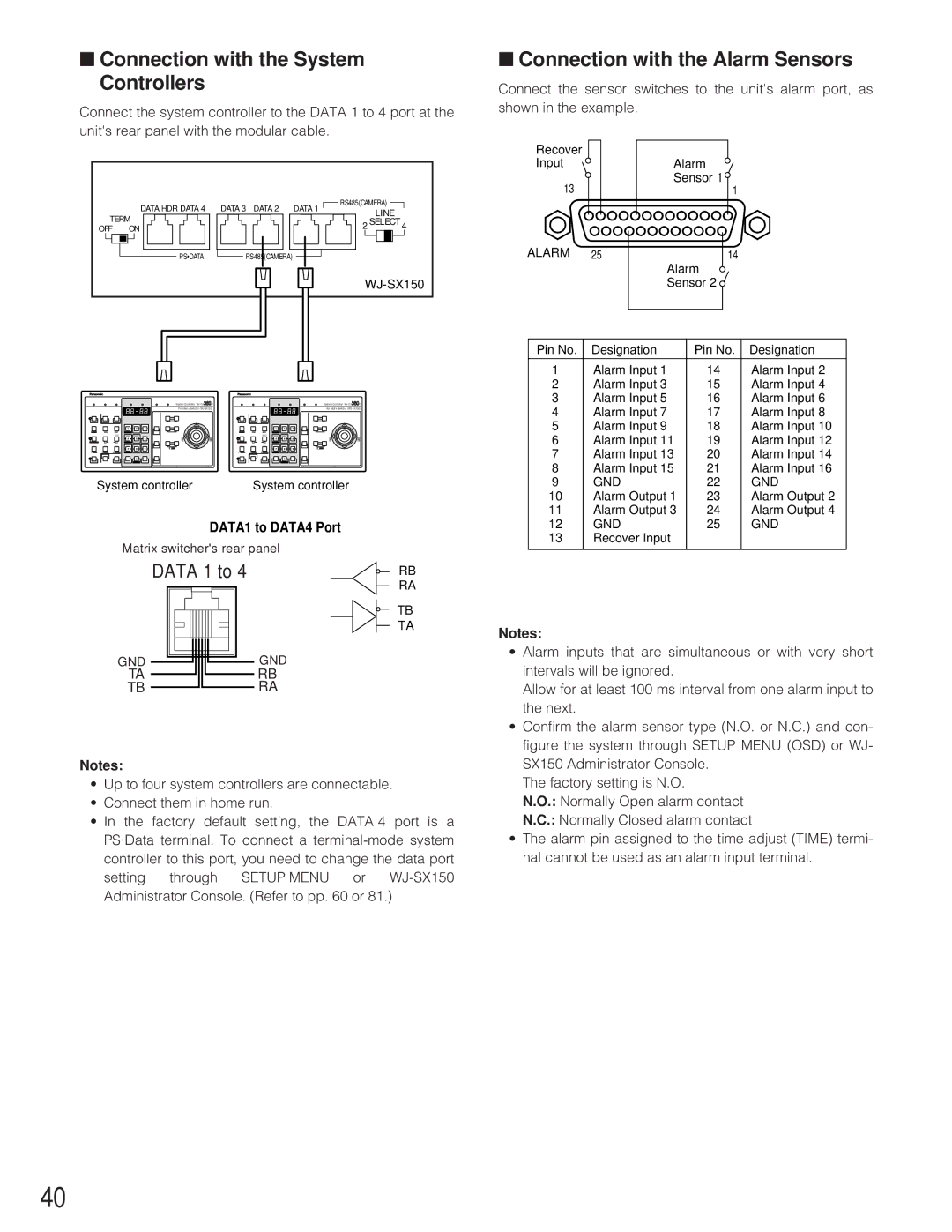 Panasonic WJ-SX 150 manual Connection with the System Controllers, Connection with the Alarm Sensors, DATA1 to DATA4 Port 