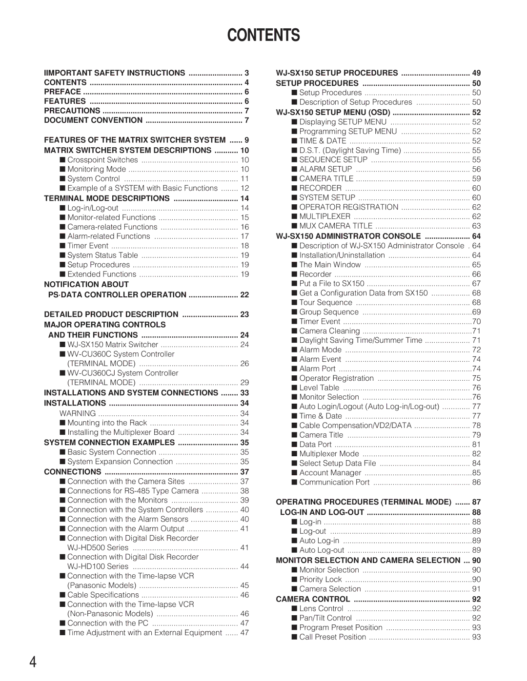 Panasonic WJ-SX 150 manual Contents 