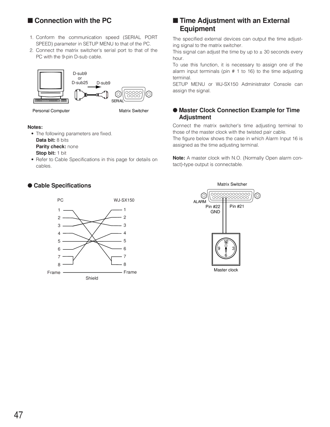 Panasonic WJ-SX 150 manual Connection with the PC, Time Adjustment with an External Equipment, Cable Specifications 