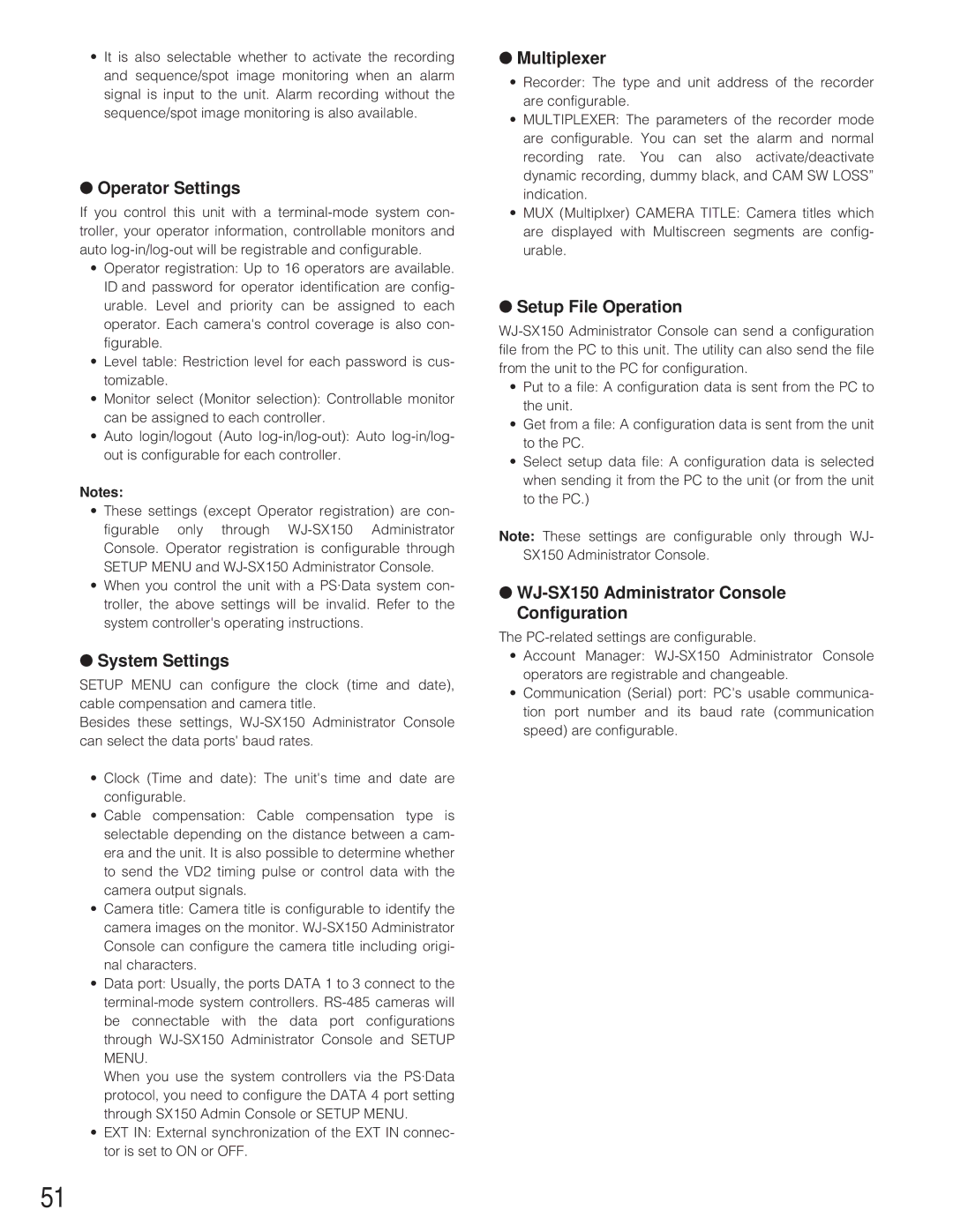 Panasonic WJ-SX 150 manual Operator Settings, System Settings, Multiplexer, Setup File Operation 