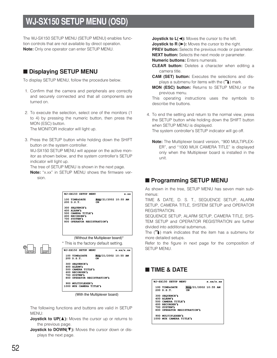 Panasonic WJ-SX 150 manual WJ-SX150 Setup Menu OSD, Displaying Setup Menu, Programming Setup Menu 