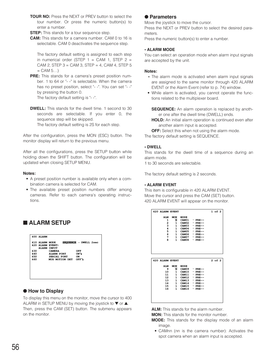 Panasonic WJ-SX 150 manual Alarm Mode, Dwell, Alarm Event 