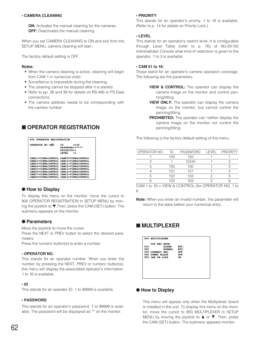 Panasonic WJ-SX 150 manual Camera Cleaning, Operator no, Password, Priority, Level 