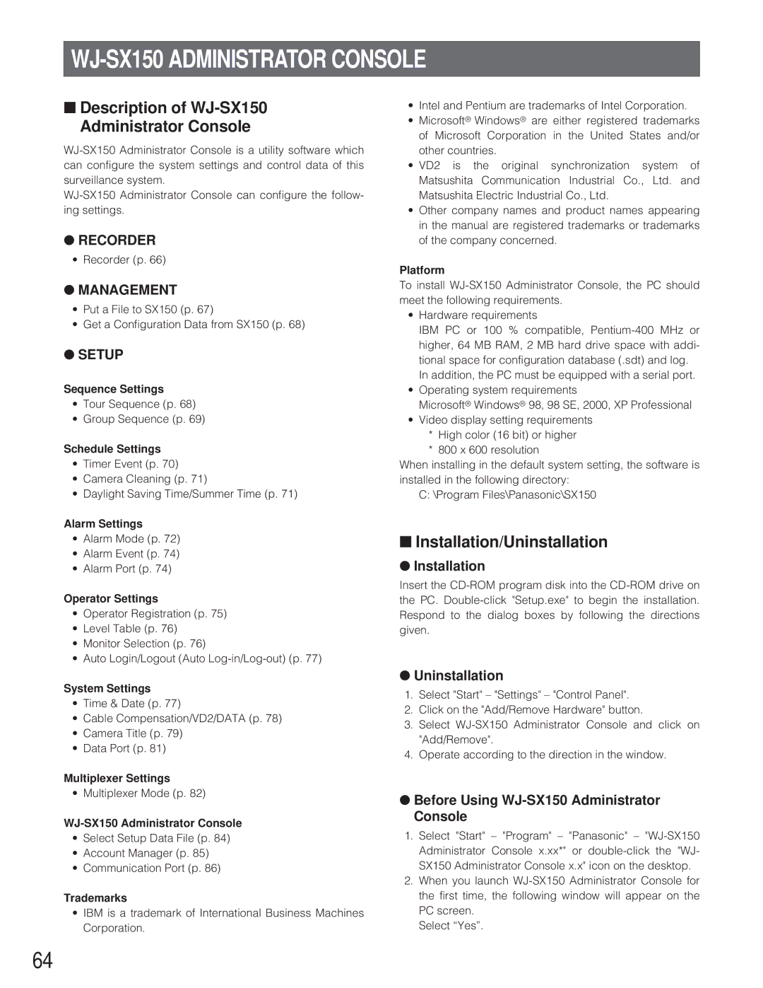 Panasonic WJ-SX 150 manual Description of WJ-SX150 Administrator Console, Installation/Uninstallation 