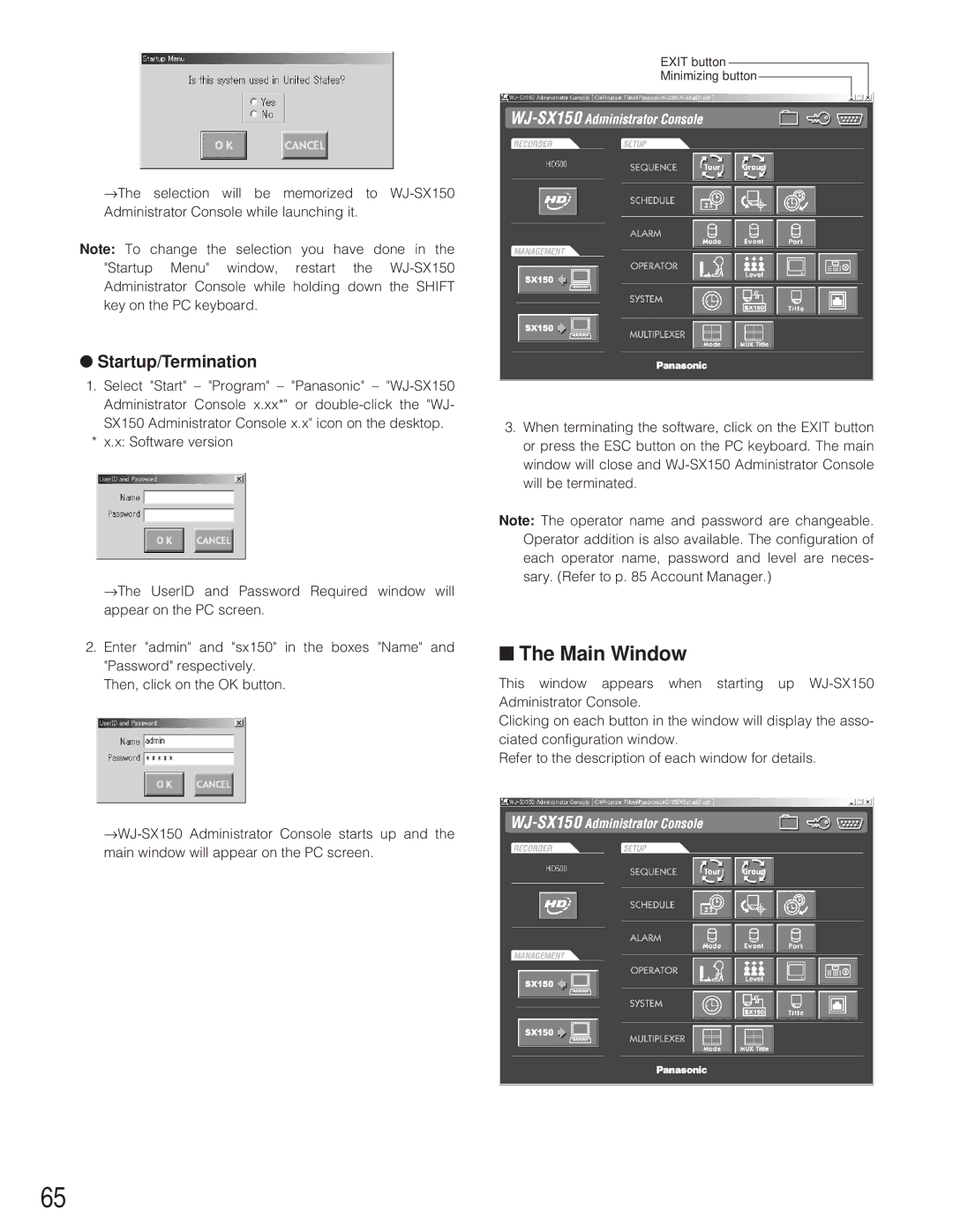 Panasonic WJ-SX 150 manual Main Window, Startup/Termination 