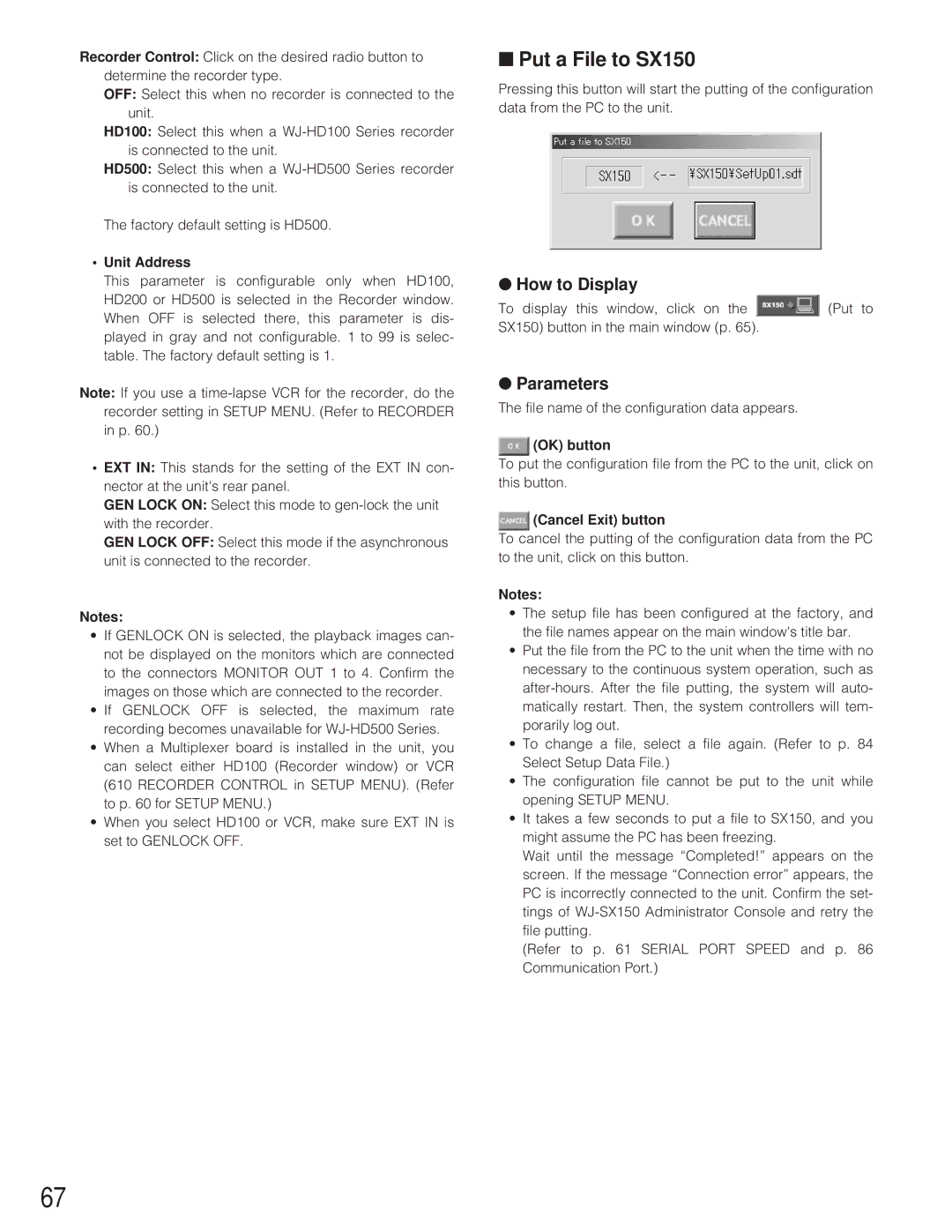 Panasonic WJ-SX 150 manual Put a File to SX150, Unit Address, OK button, Cancel Exit button 