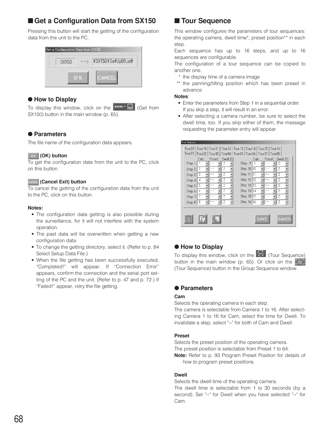 Panasonic WJ-SX 150 manual Get a Configuration Data from SX150, Tour Sequence, Cam, Preset, Dwell 