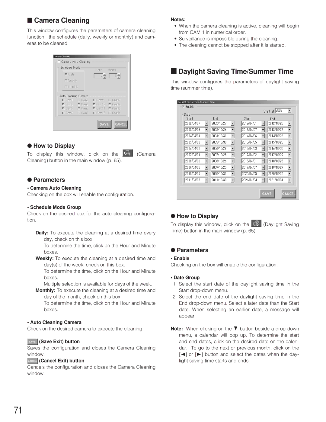 Panasonic WJ-SX 150 manual Camera Cleaning, Daylight Saving Time/Summer Time, Camera Auto Cleaning, Auto Cleaning Camera 