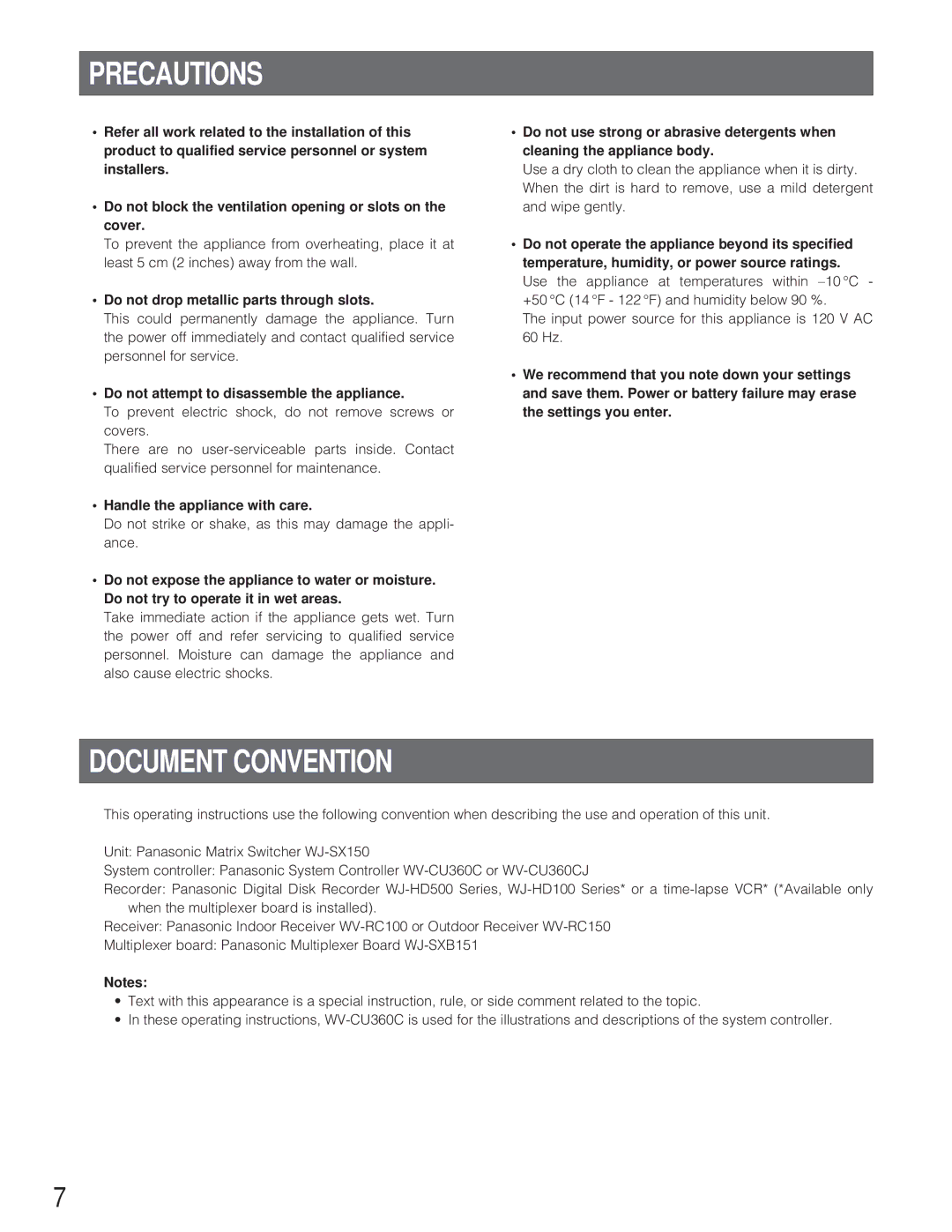 Panasonic WJ-SX 150 manual Precautions, Document Convention, Do not drop metallic parts through slots 