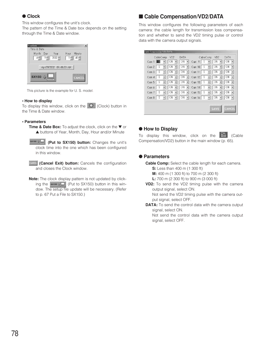 Panasonic WJ-SX 150 manual Cable Compensation/VD2/DATA, Clock, How to display, Parameters 