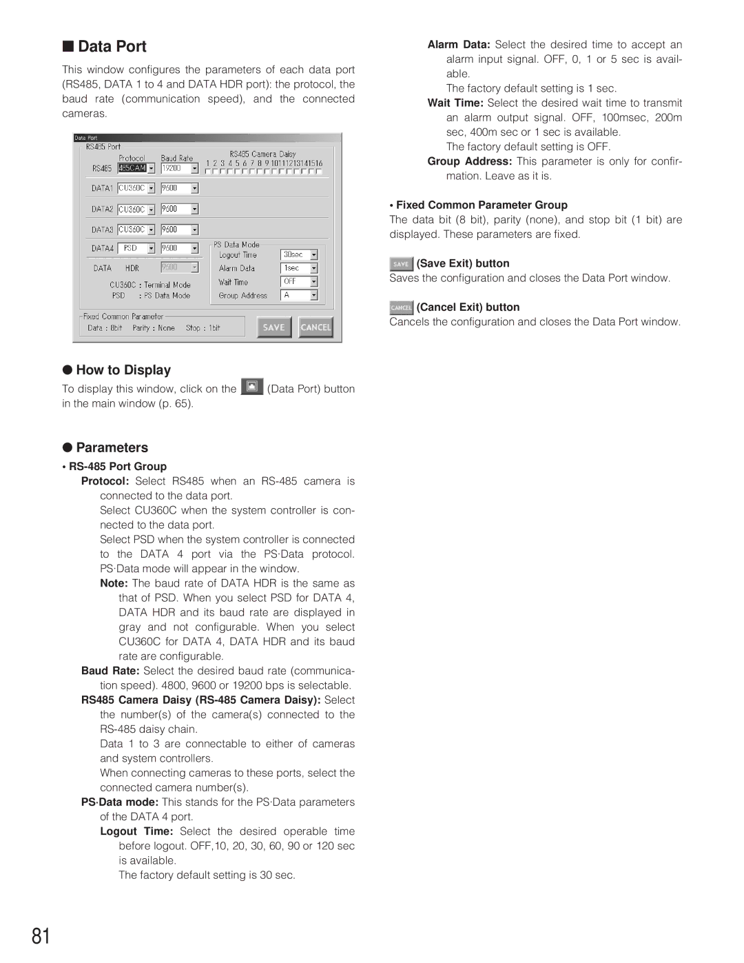 Panasonic WJ-SX 150 manual Data Port, RS-485 Port Group, Fixed Common Parameter Group 