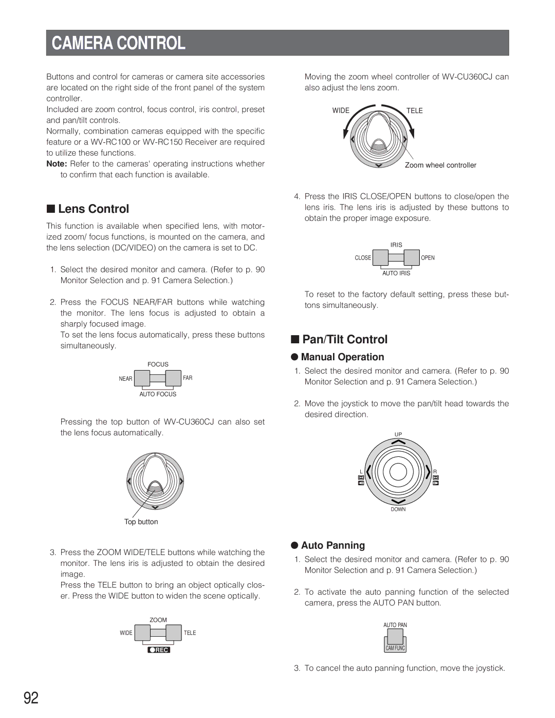 Panasonic WJ-SX 150 manual Camera Control, Lens Control, Pan/Tilt Control, Manual Operation, Auto Panning 