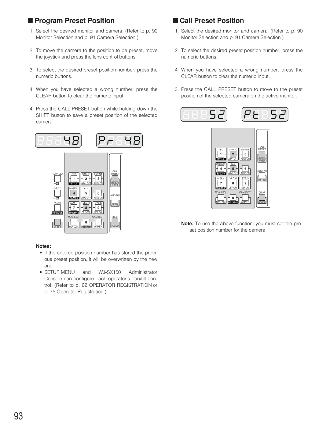 Panasonic WJ-SX 150 manual Program Preset Position, Call Preset Position 