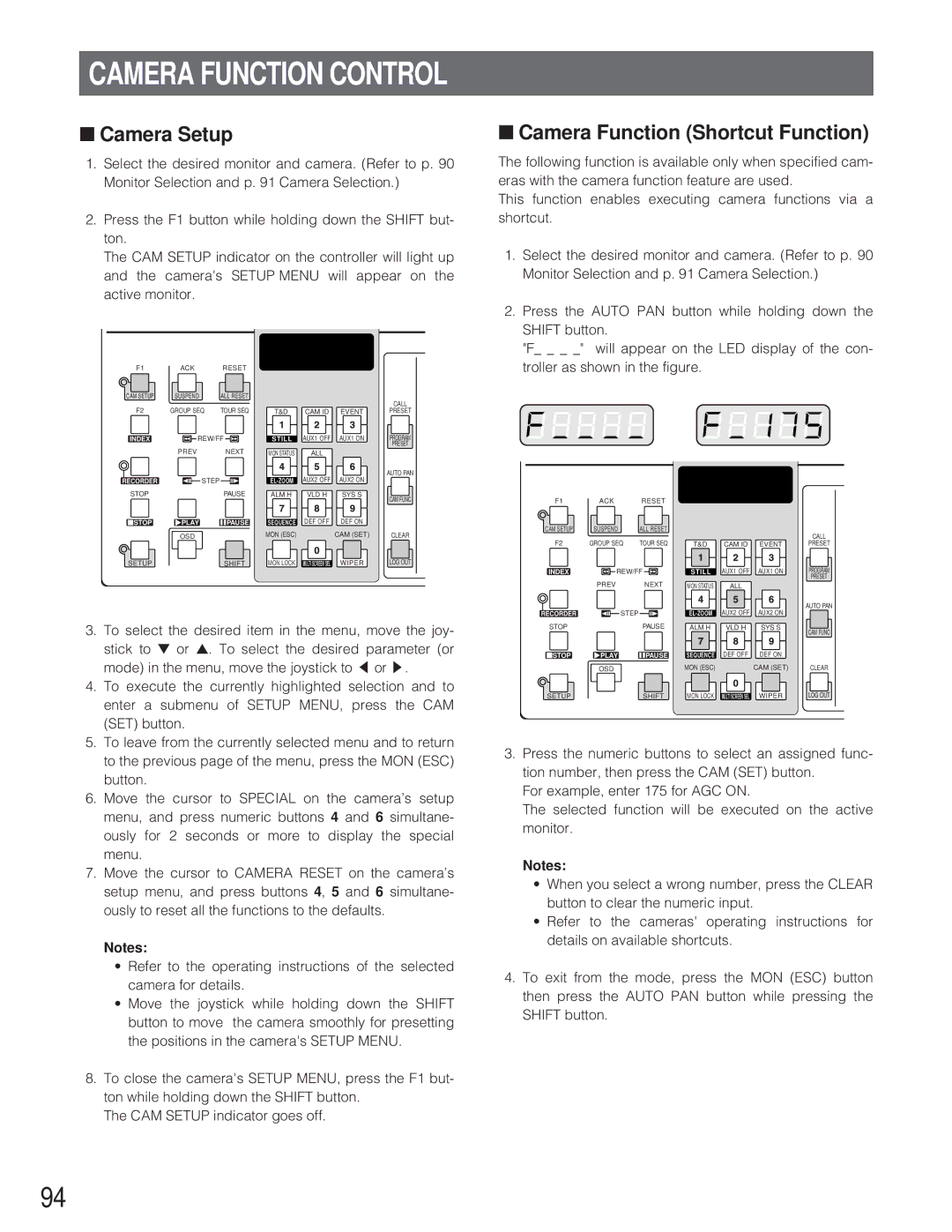 Panasonic WJ-SX 150 manual Camera Function Control, Camera Setup, Camera Function Shortcut Function 