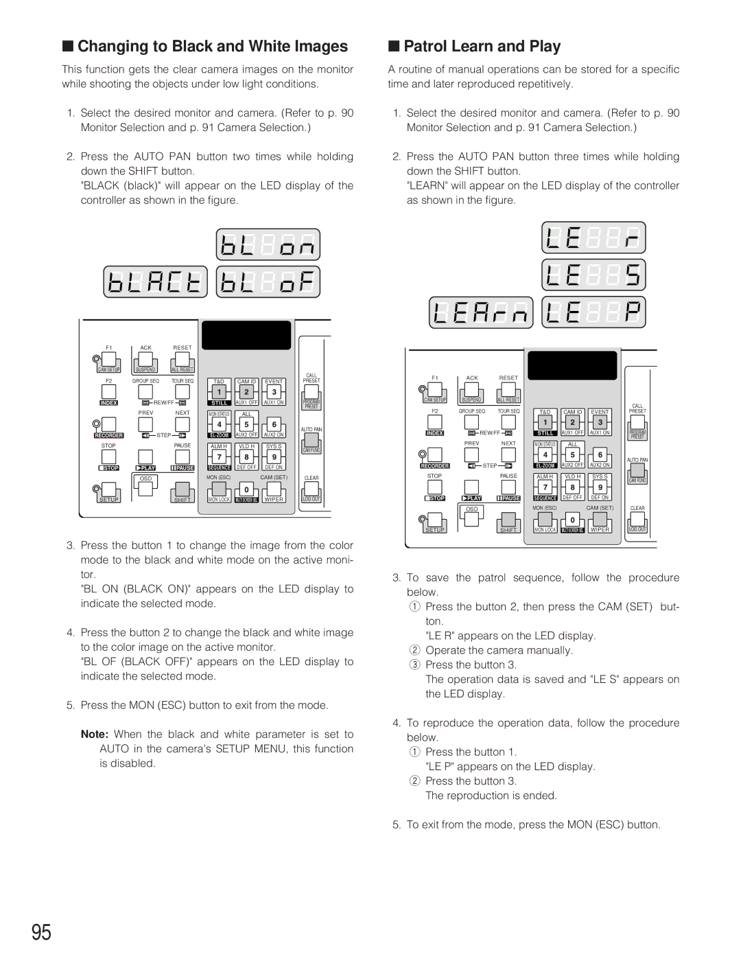 Panasonic WJ-SX 150 manual Changing to Black and White Images, Patrol Learn and Play 