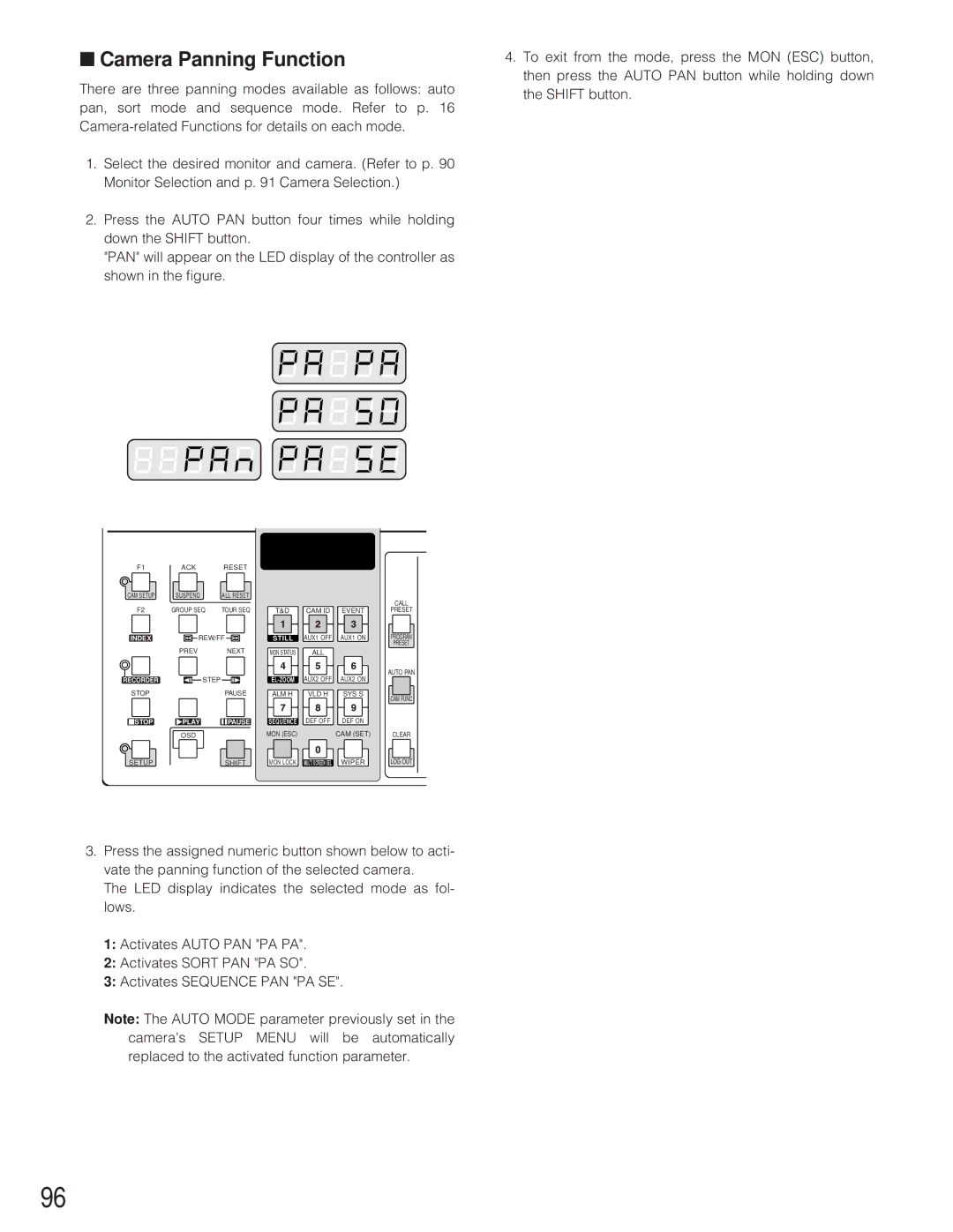 Panasonic WJ-SX 150 manual Camera Panning Function 