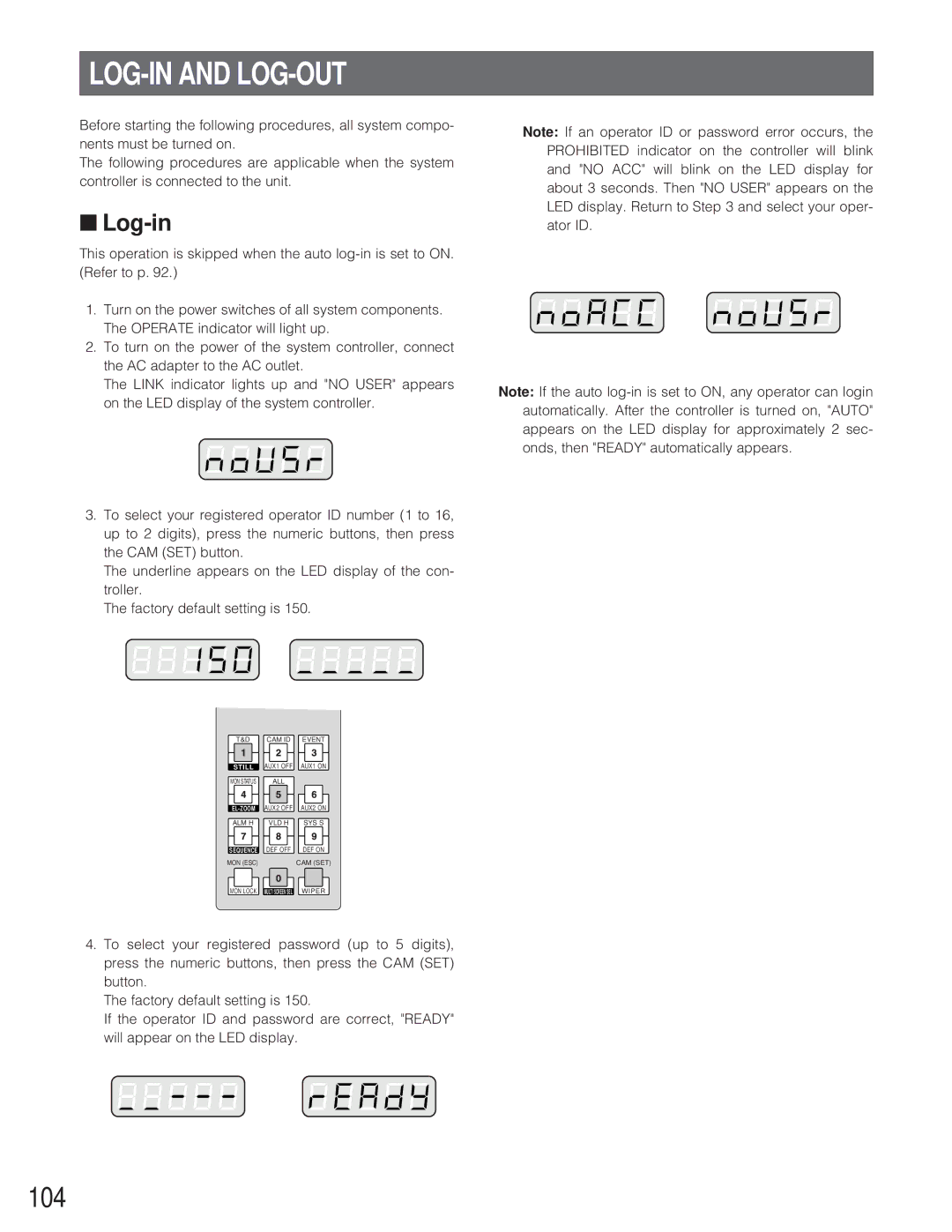 Panasonic WJ-SX 150A manual LOG-IN and LOG-OUT, 104, Log-in 