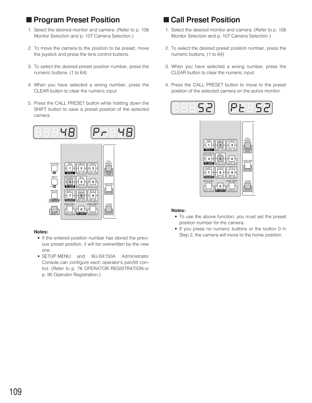 Panasonic WJ-SX 150A manual 109, Program Preset Position, Call Preset Position 