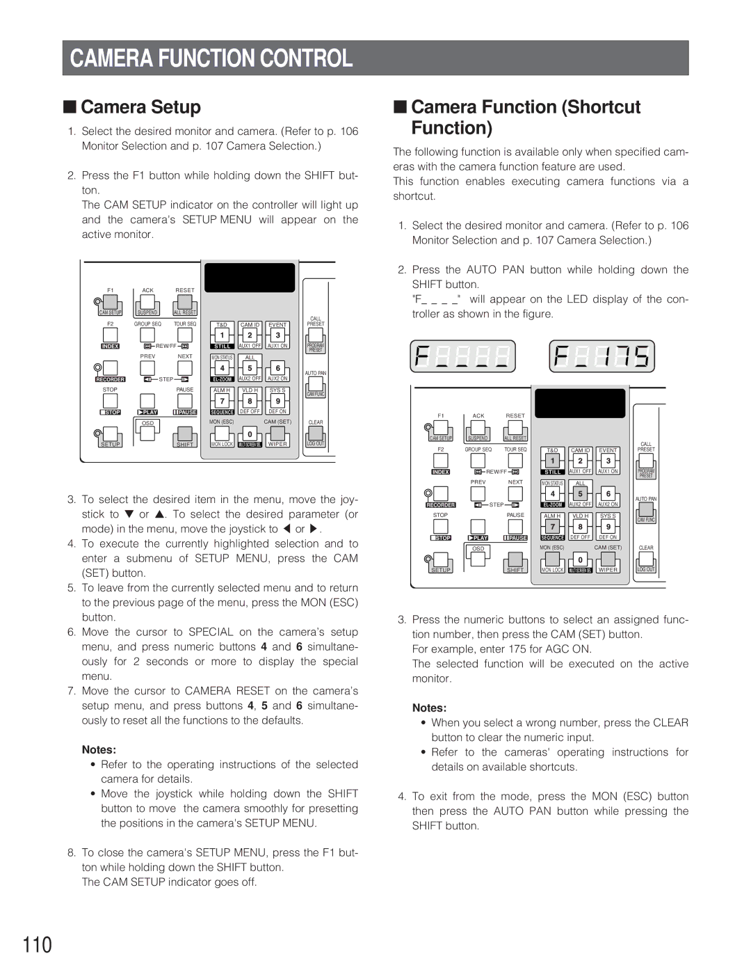 Panasonic WJ-SX 150A manual Camera Function Control, 110, Camera Setup, Camera Function Shortcut Function 