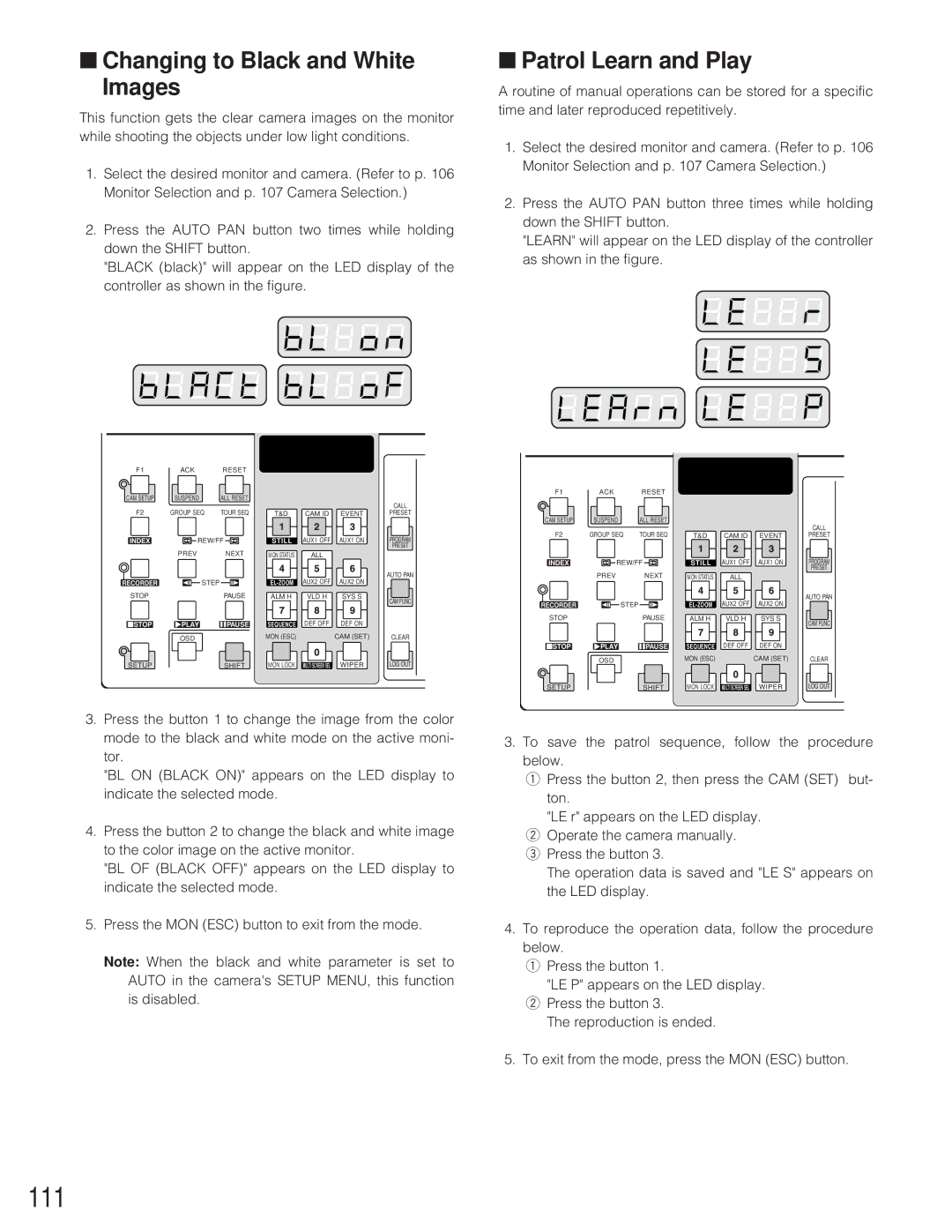 Panasonic WJ-SX 150A manual 111, Changing to Black and White Images, Patrol Learn and Play 