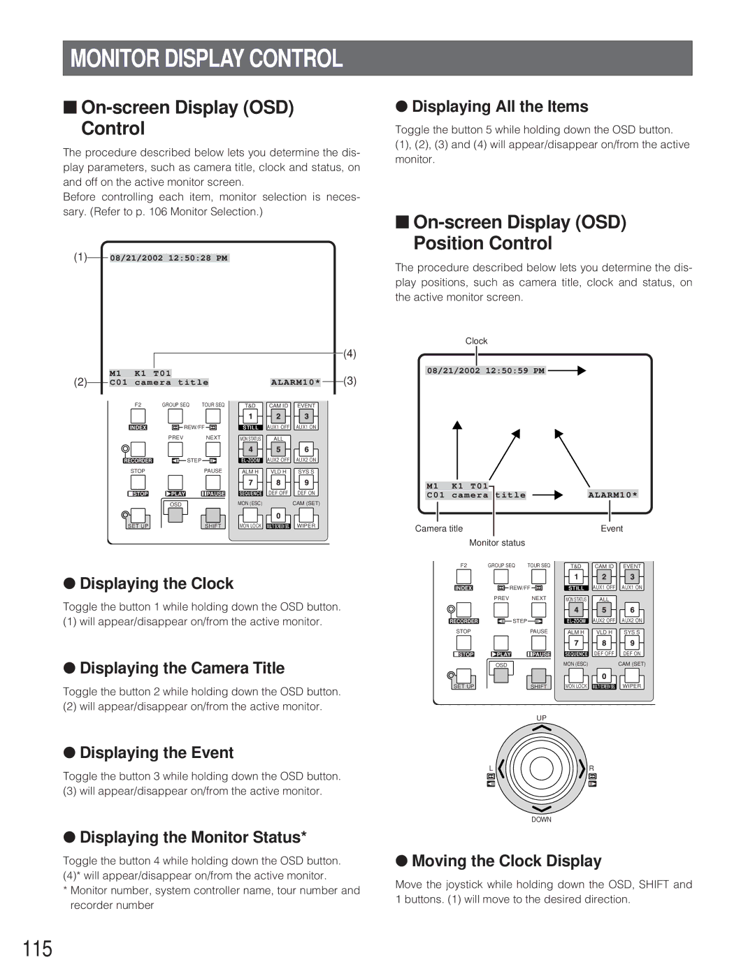 Panasonic WJ-SX 150A Monitor Display Control, 115, On-screen Display OSD Control, On-screen Display OSD Position Control 