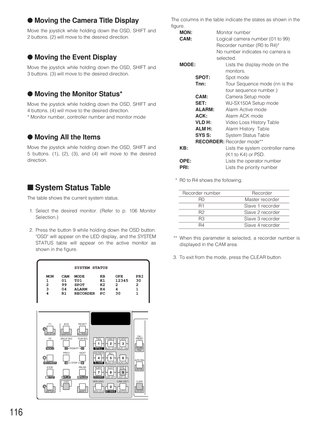 Panasonic WJ-SX 150A manual 116, Moving the Camera Title Display, Moving the Event Display, Moving the Monitor Status 