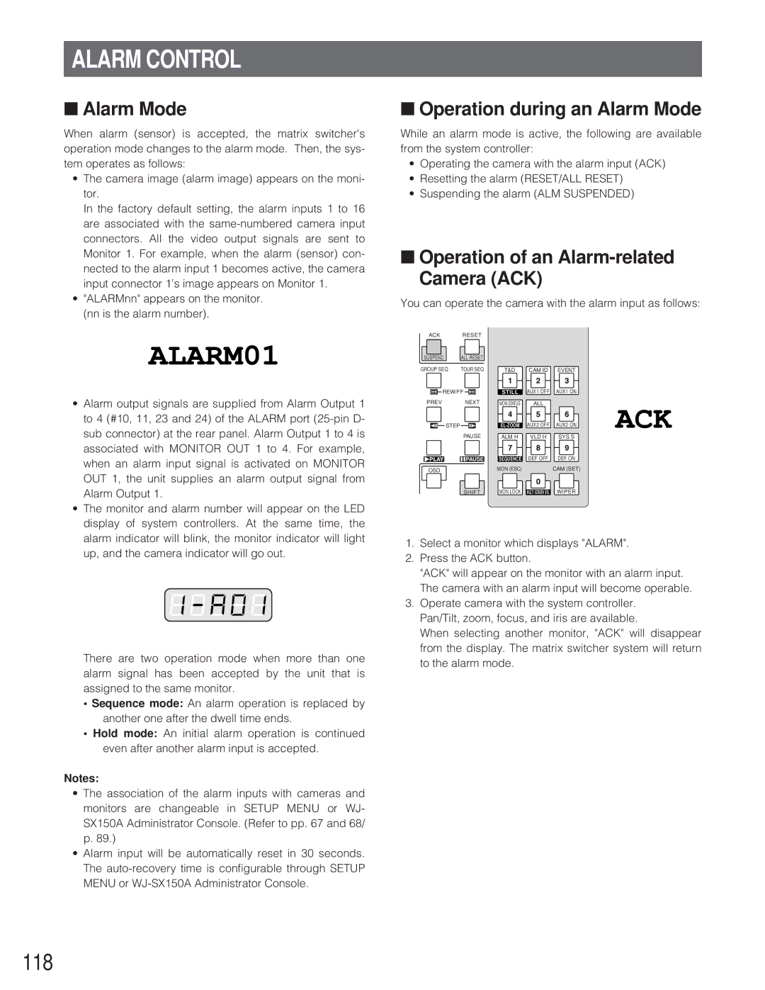 Panasonic WJ-SX 150A manual Alarm Control, 118, Operation during an Alarm Mode, Operation of an Alarm-related Camera ACK 