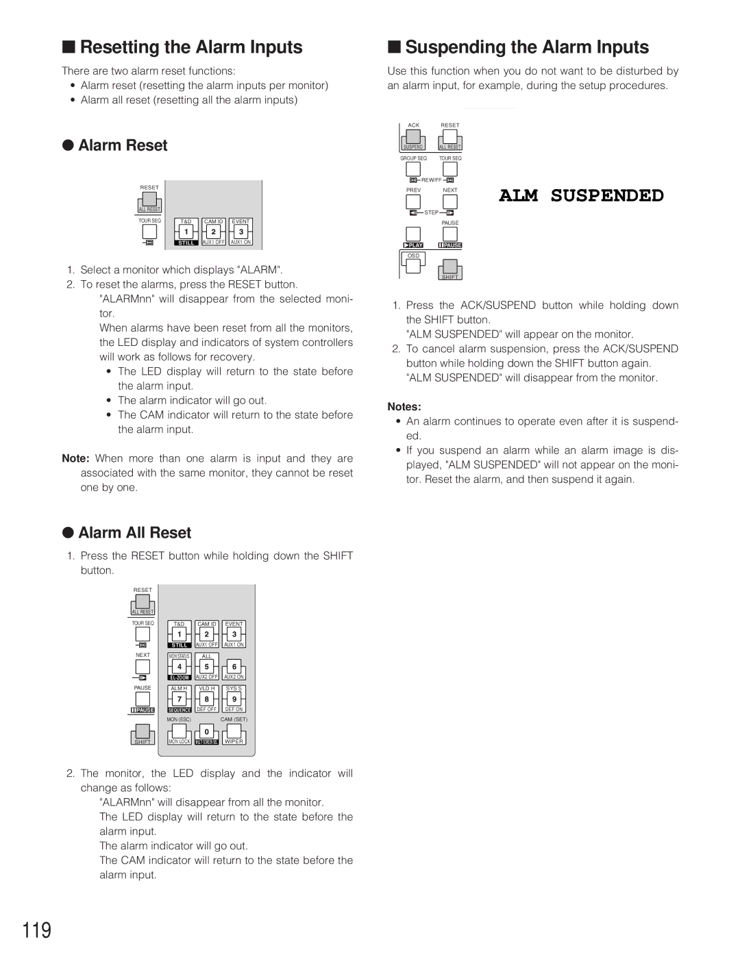 Panasonic WJ-SX 150A manual 119, Resetting the Alarm Inputs, Suspending the Alarm Inputs, Alarm All Reset 