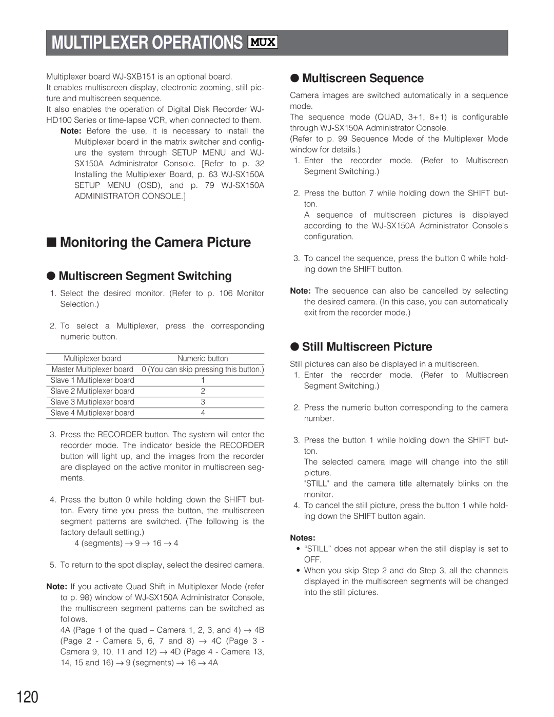 Panasonic WJ-SX 150A manual 120, Monitoring the Camera Picture, Multiscreen Segment Switching, Multiscreen Sequence 