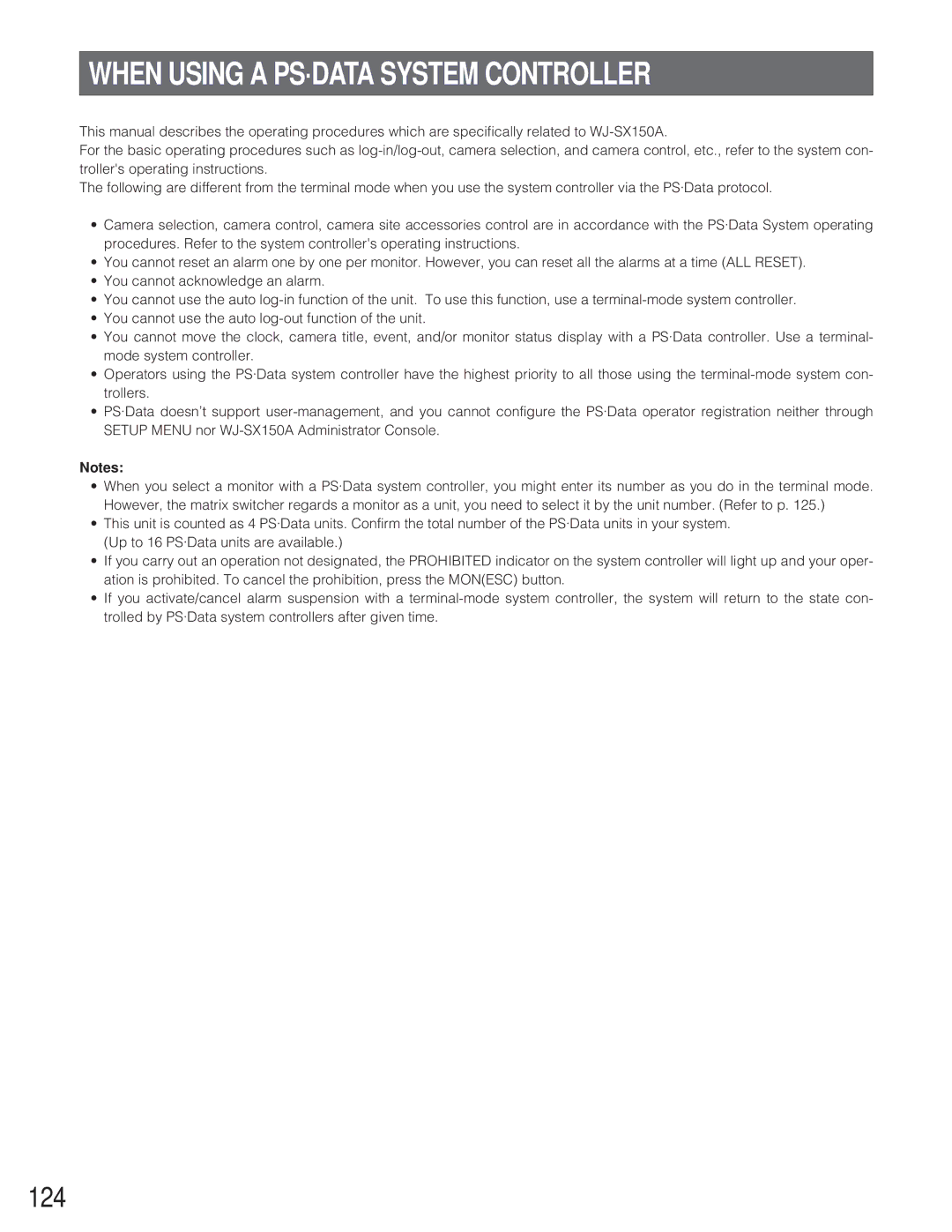 Panasonic WJ-SX 150A manual When Using a PS·DATA System Controller, 124 