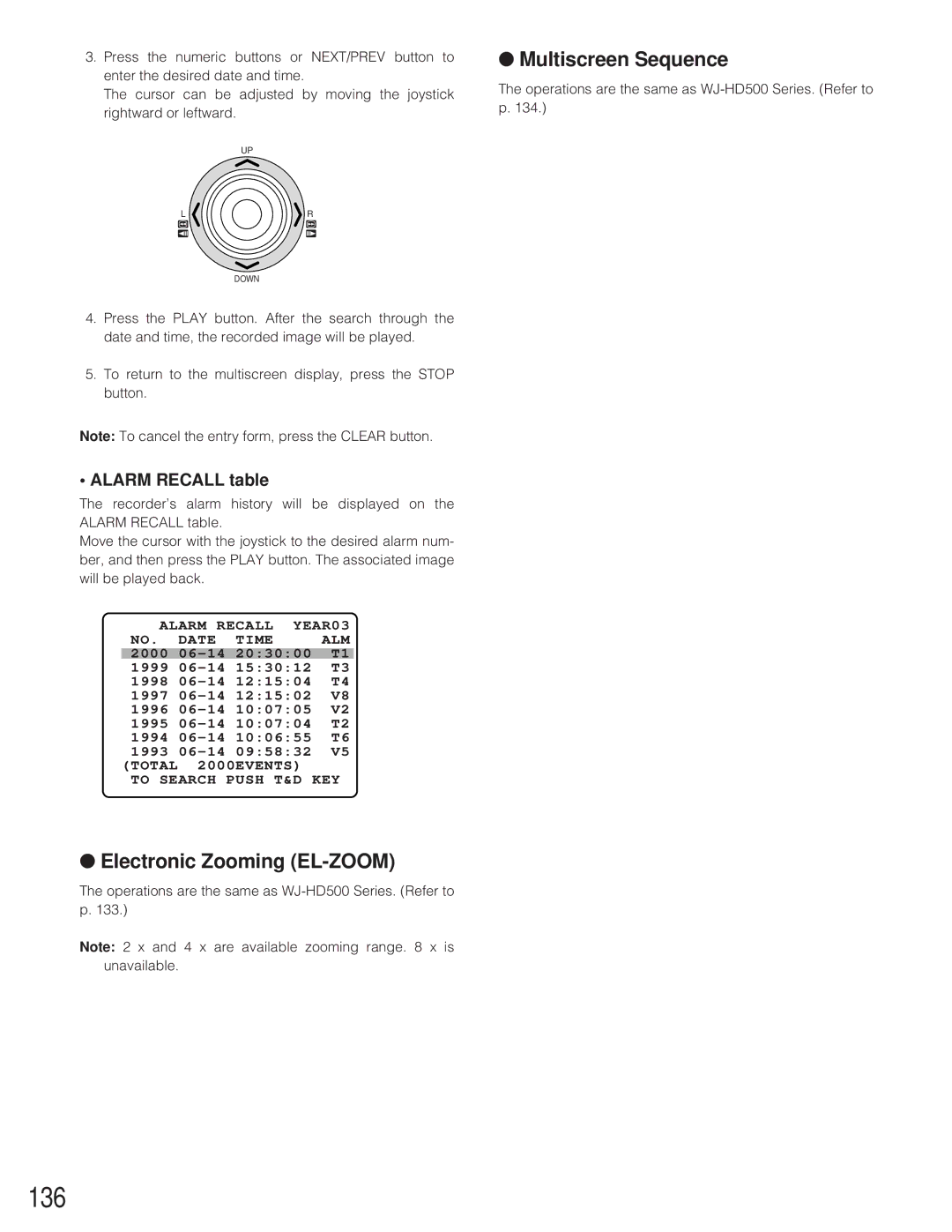 Panasonic WJ-SX 150A manual 136, Alarm Recall table 