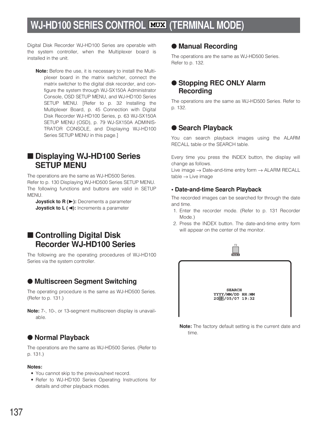 Panasonic WJ-SX 150A manual Terminal Mode, 137, Displaying WJ-HD100 Series 