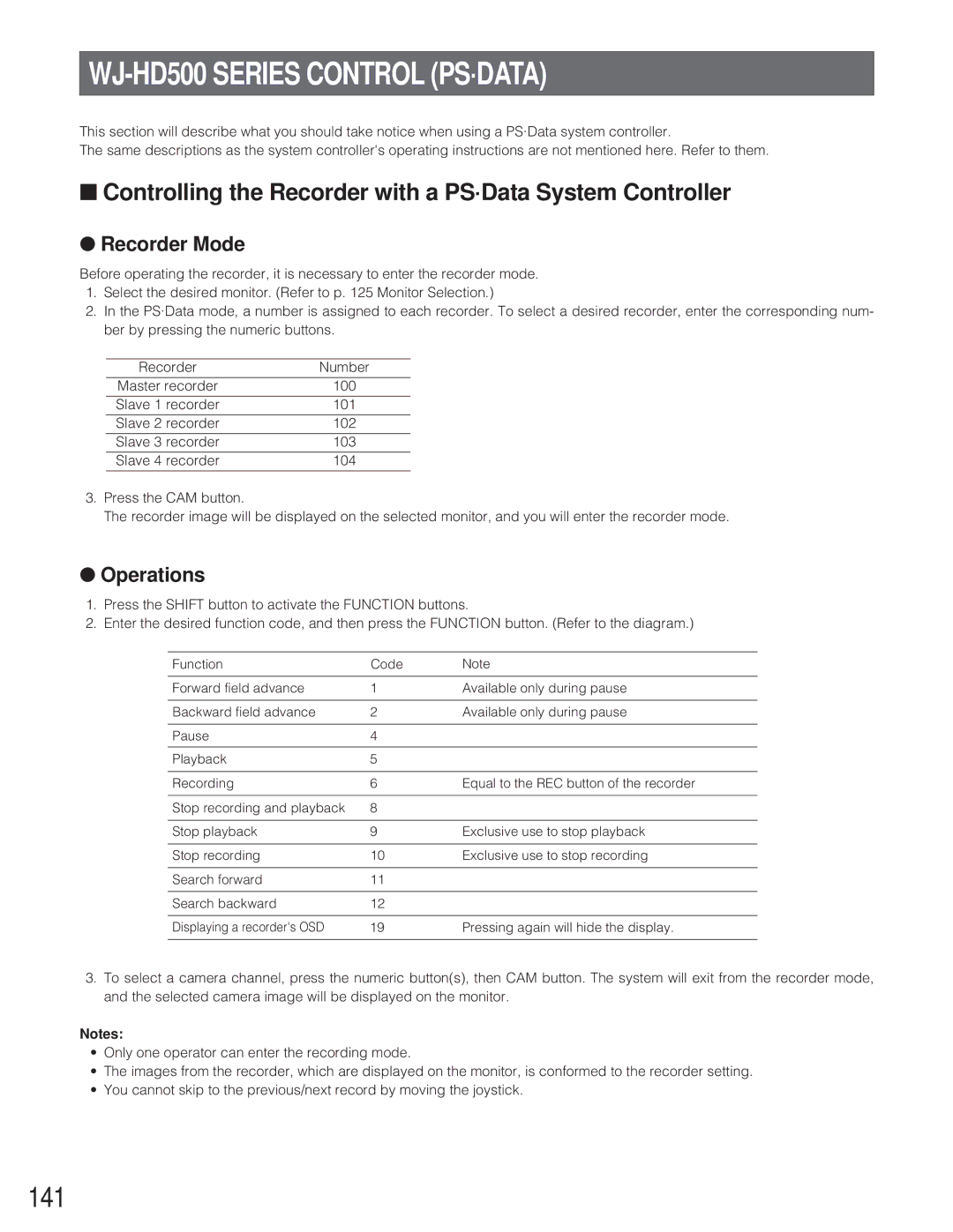 Panasonic WJ-SX 150A manual WJ-HD500 Series Control PS·DATA, 141, Controlling the Recorder with a PS·Data System Controller 