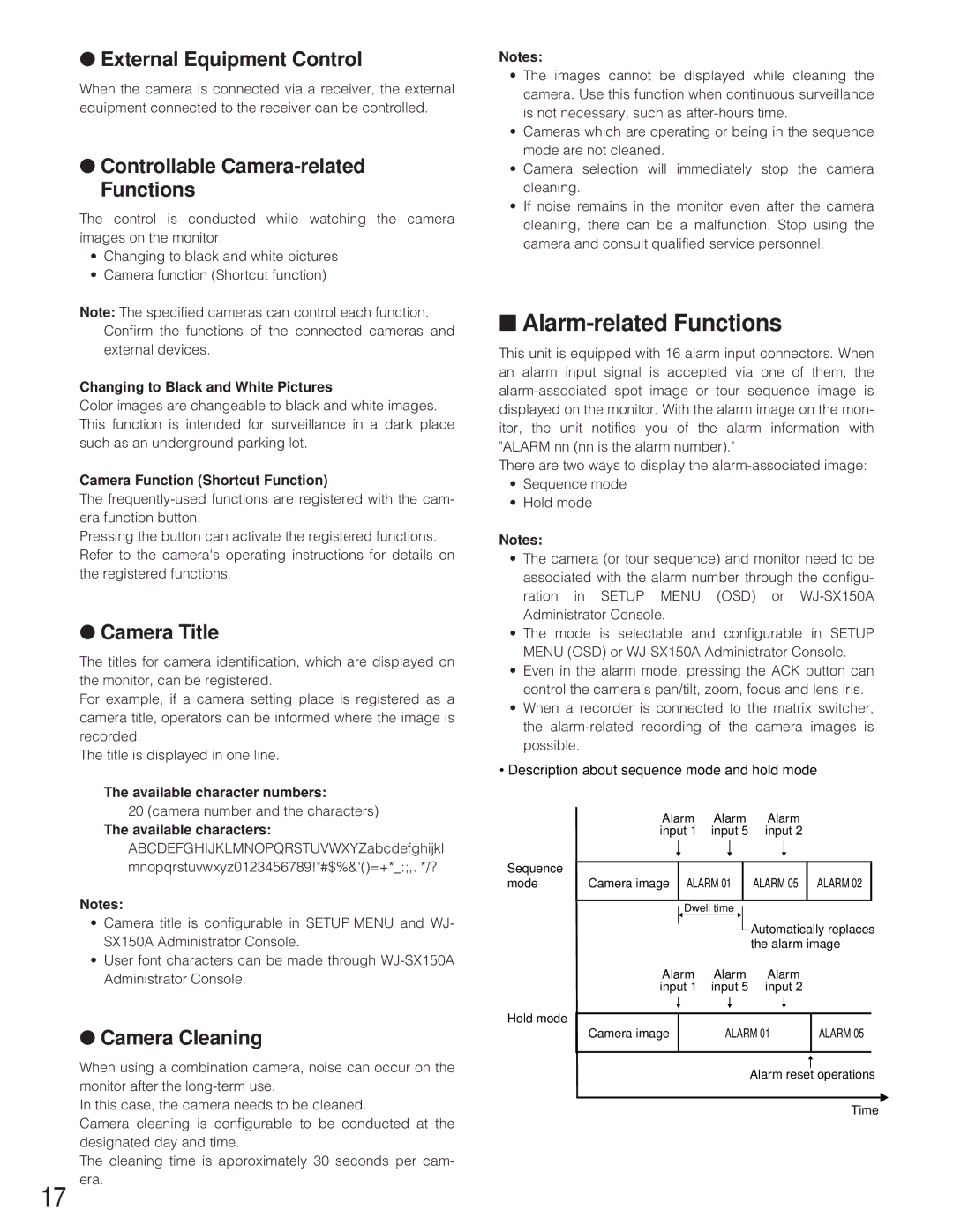 Panasonic WJ-SX 150A manual Alarm-related Functions, External Equipment Control, Controllable Camera-related Functions 