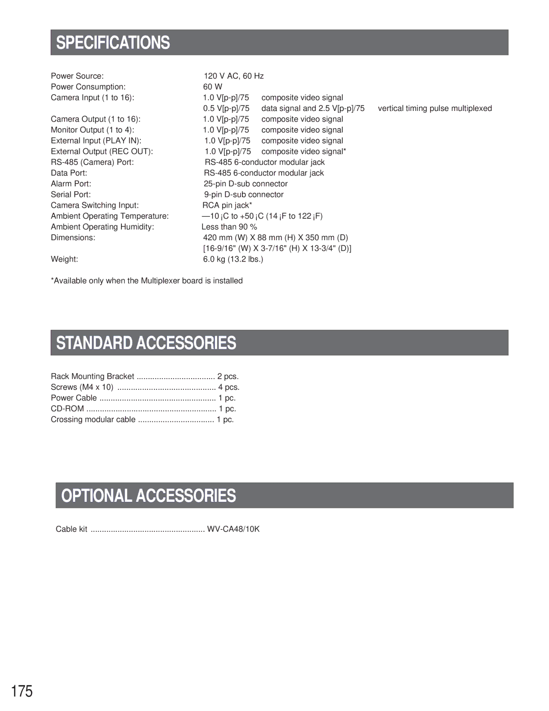 Panasonic WJ-SX 150A manual Specifications, Standard Accessories, Optional Accessories, 175 