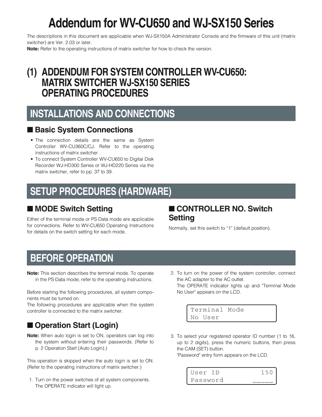 Panasonic WJ-SX 150A manual Installations and Connections, Setup Procedures Hardware, Before Operation 