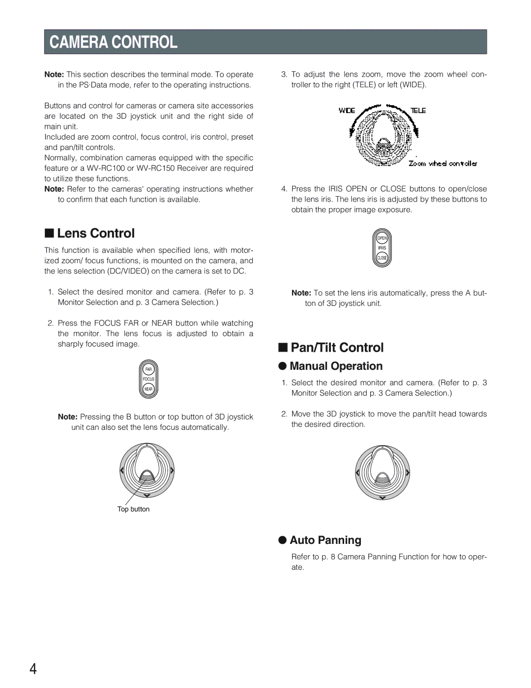 Panasonic WJ-SX 150A manual Camera Control, Refer to p Camera Panning Function for how to oper- ate 