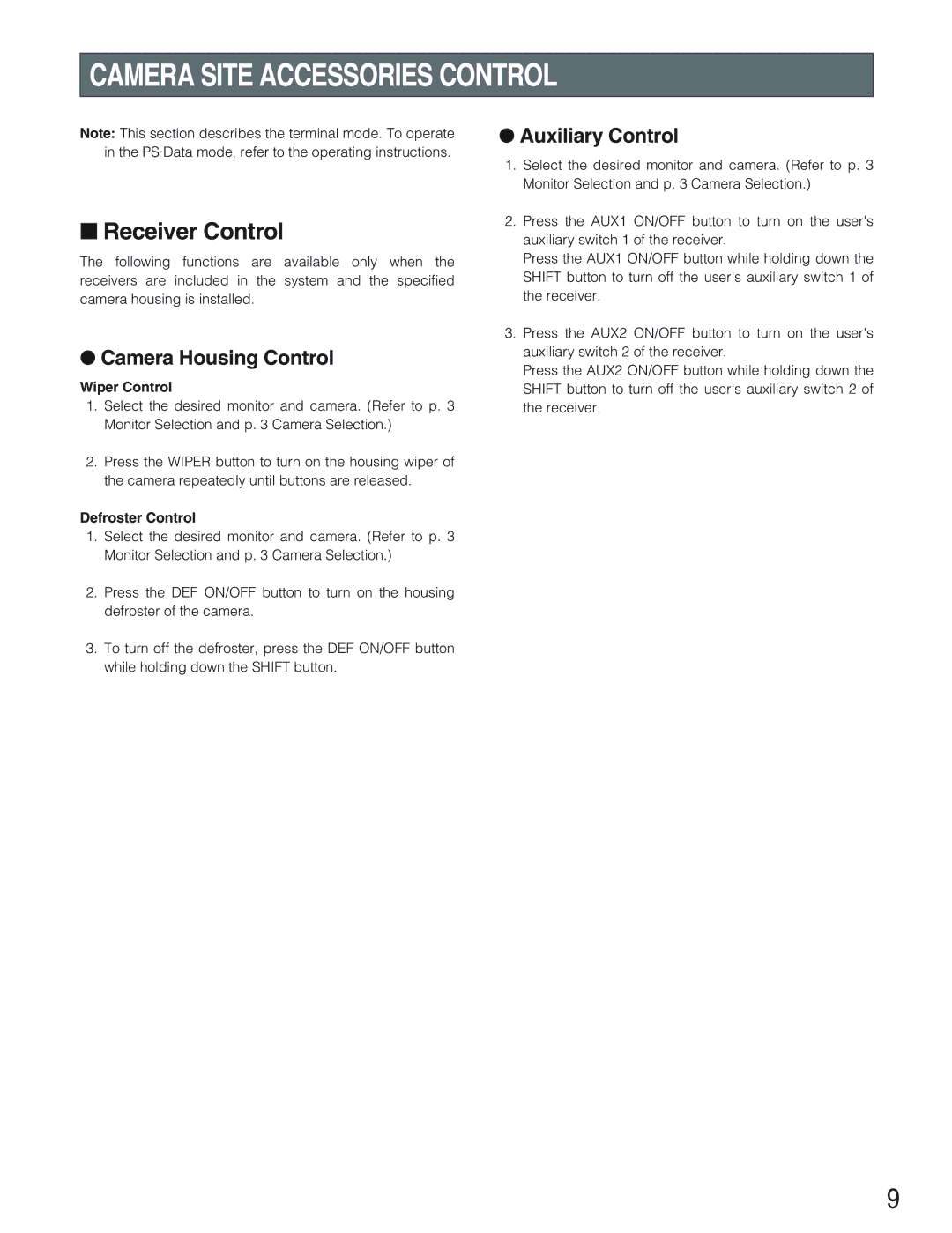 Panasonic WJ-SX 150A manual Camera Site Accessories Control 