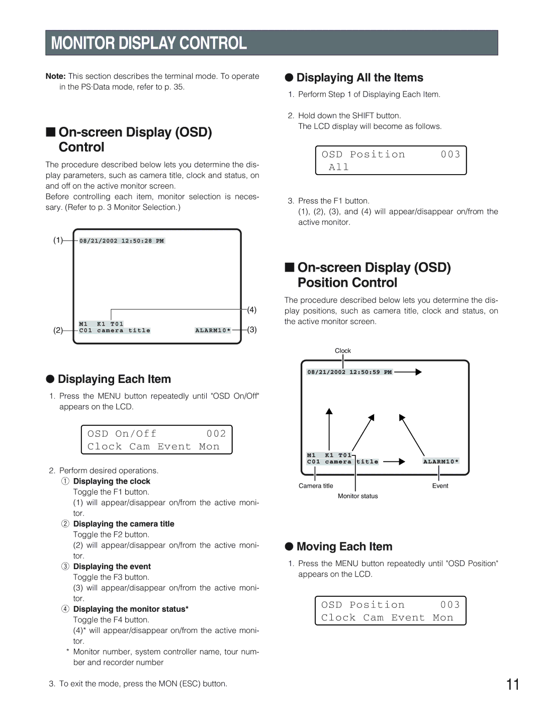 Panasonic WJ-SX 150A Displaying Each Item, Moving Each Item, OSD Position 003 All, OSD On/Off 002 Clock Cam Event Mon 