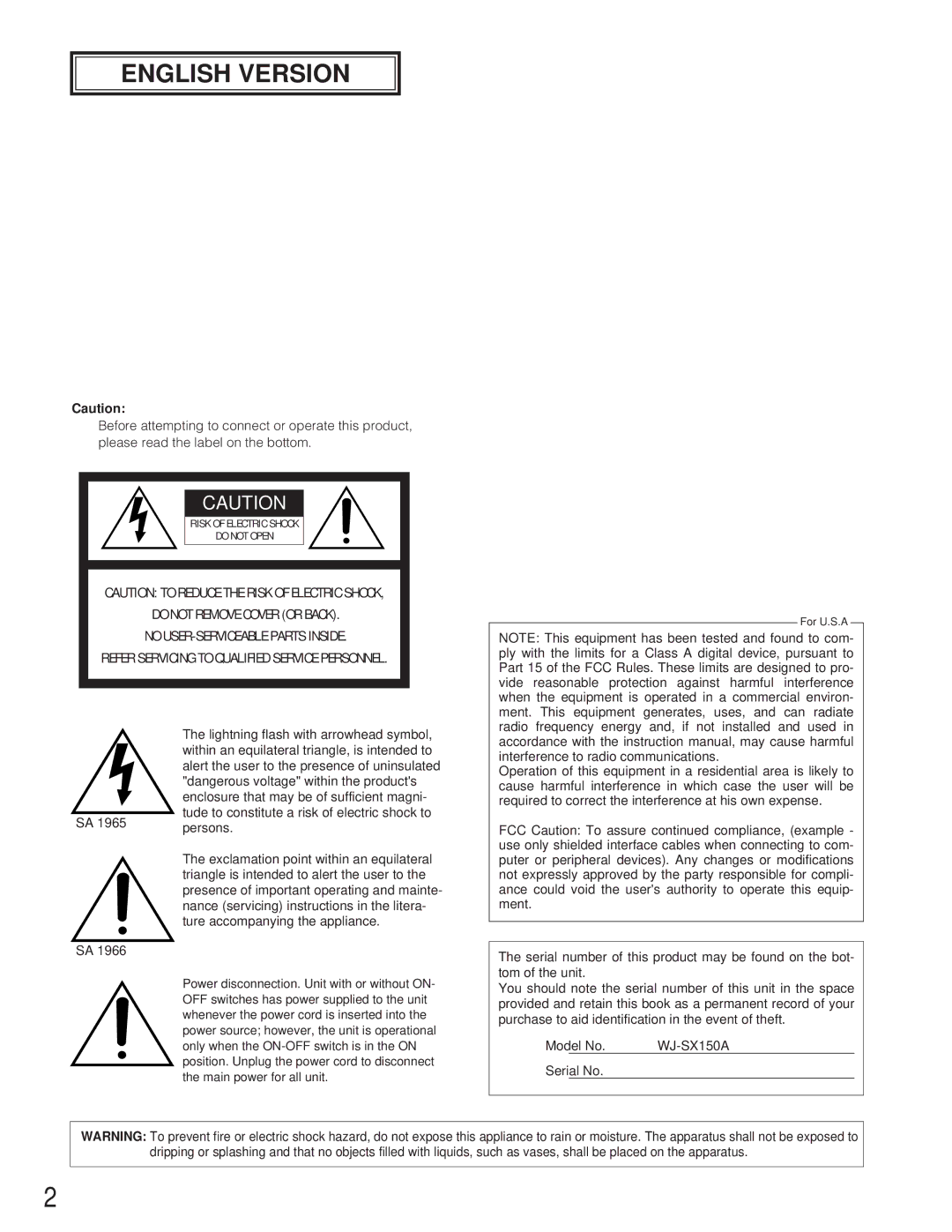 Panasonic WJ-SX 150A manual English Version 