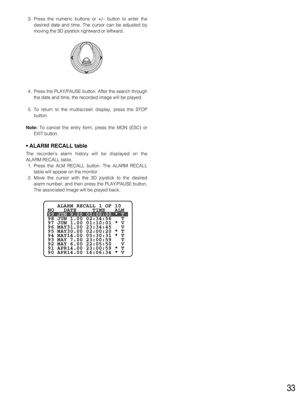 Panasonic WJ-SX 150A manual Alarm Recall 1 Date Time ALM 