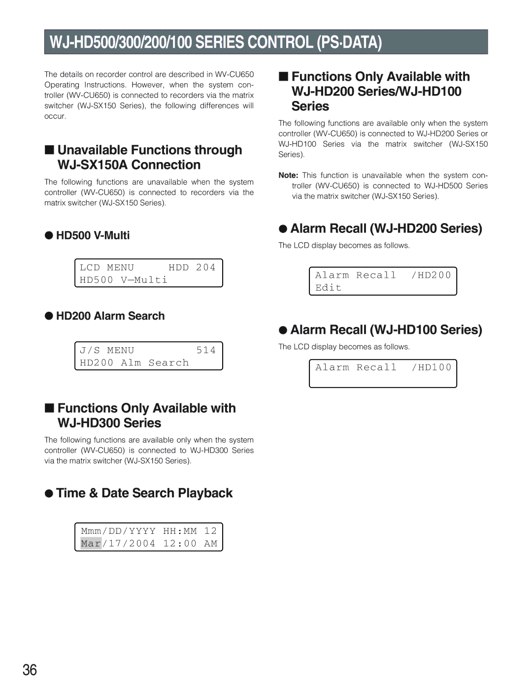 Panasonic WJ-SX 150A manual WJ-HD500/300/200/100 Series Control PS·DATA 