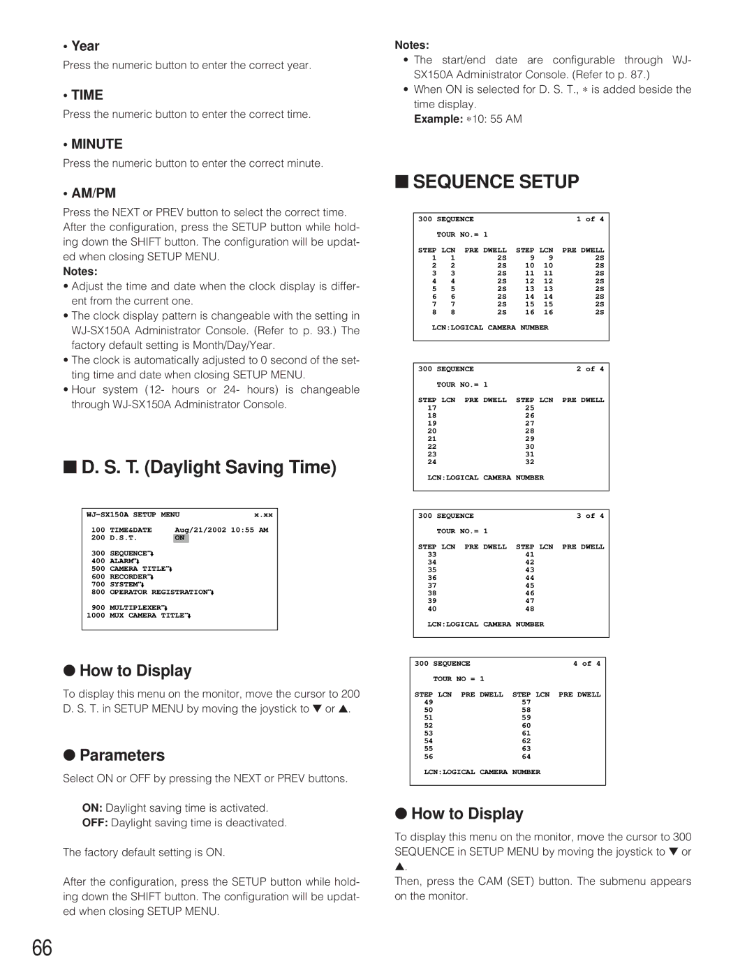 Panasonic WJ-SX 150A manual T. Daylight Saving Time, Year, Press the numeric button to enter the correct year 