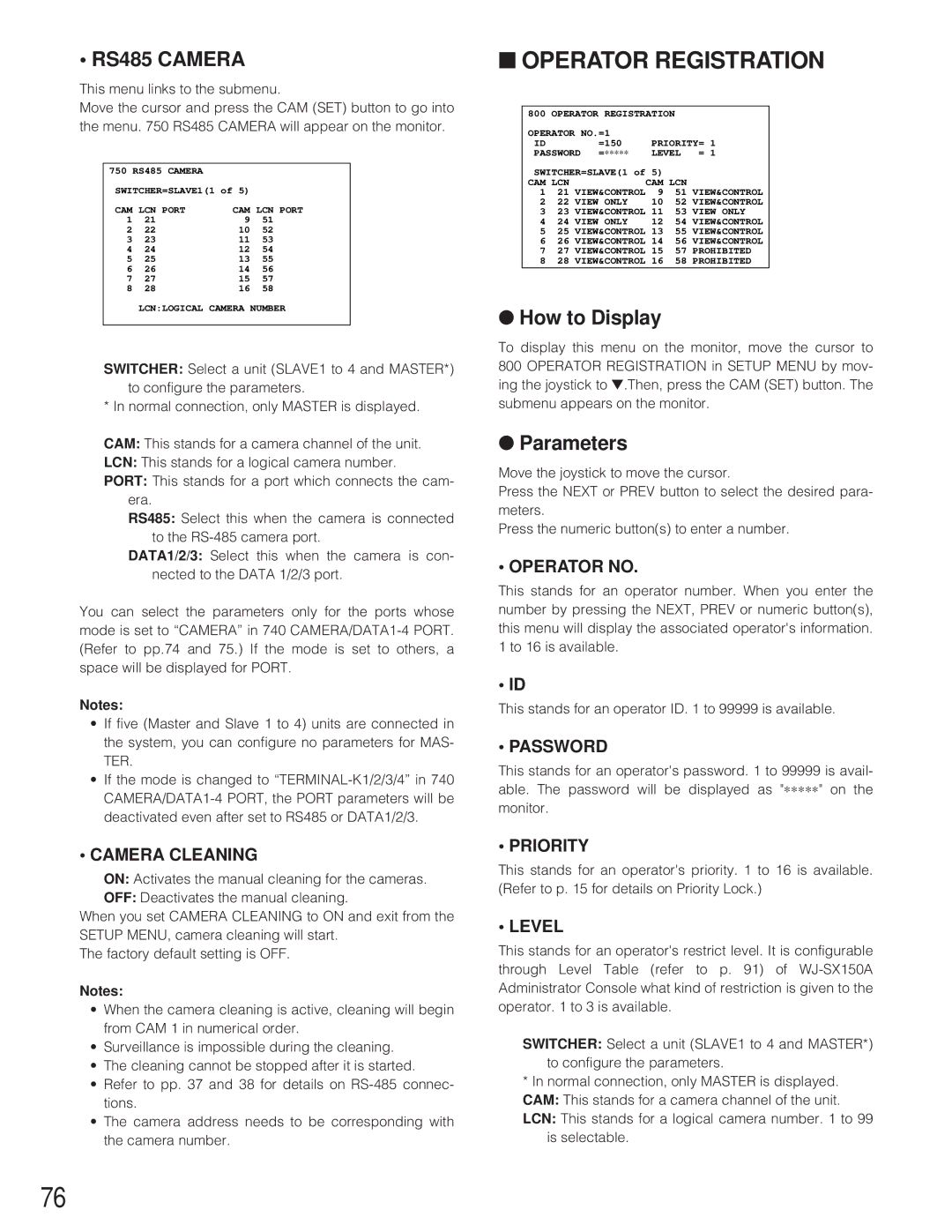 Panasonic WJ-SX 150A manual Operator Registration 