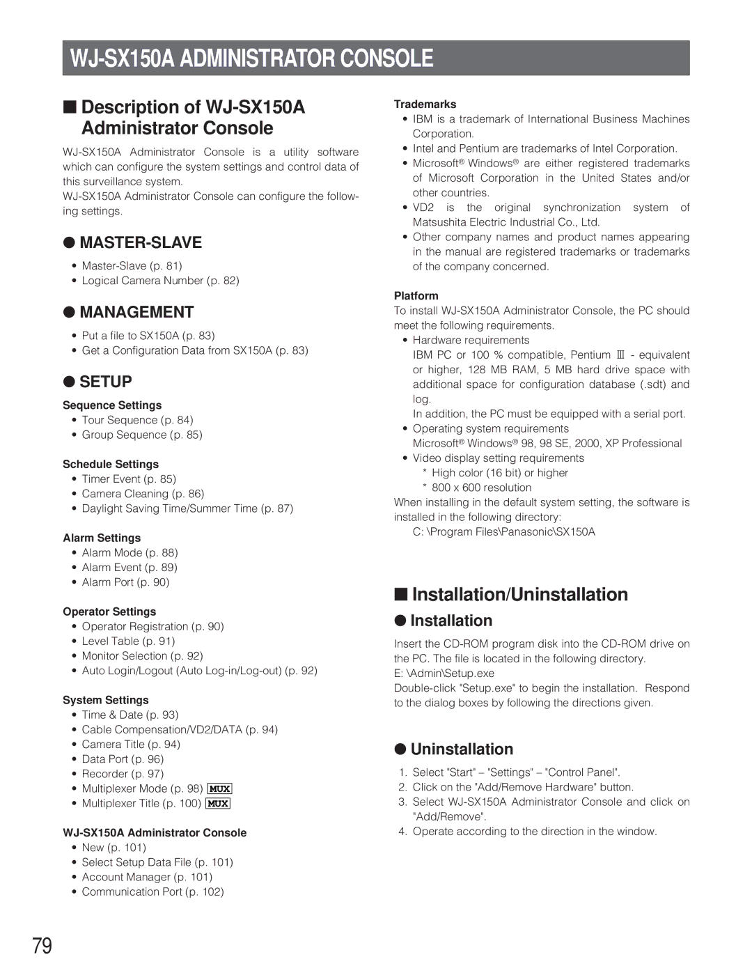 Panasonic WJ-SX 150A manual Description of WJ-SX150A Administrator Console, Installation/Uninstallation 