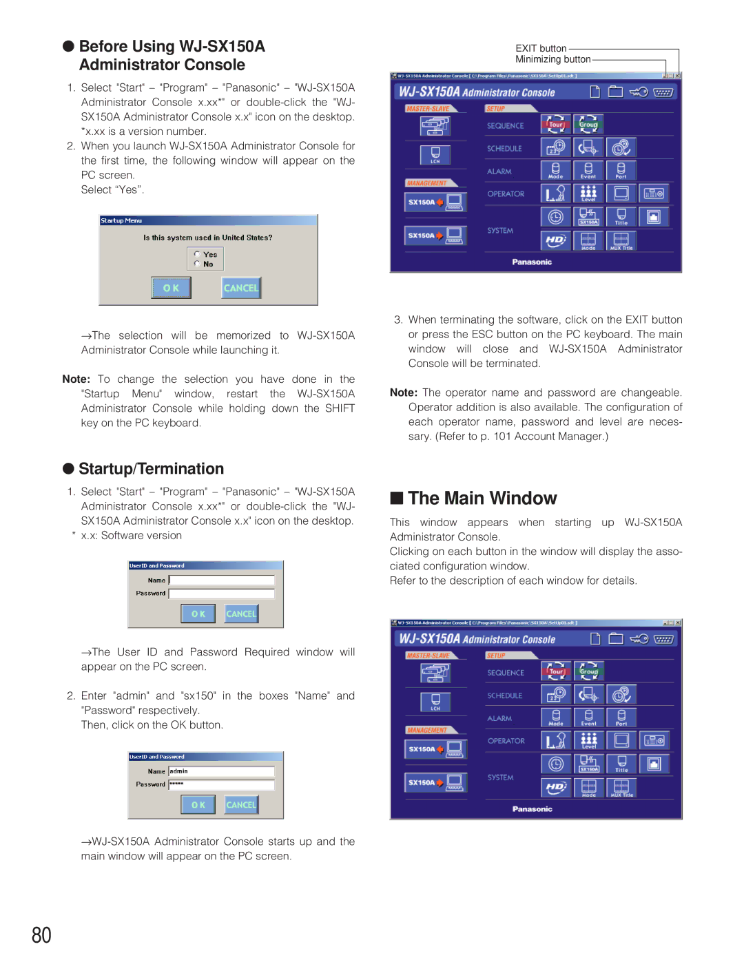 Panasonic WJ-SX 150A manual Main Window, Before Using WJ-SX150A Administrator Console, Startup/Termination 