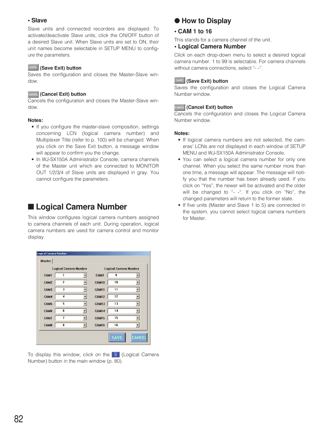 Panasonic WJ-SX 150A manual Logical Camera Number, Slave, CAM 1 to 