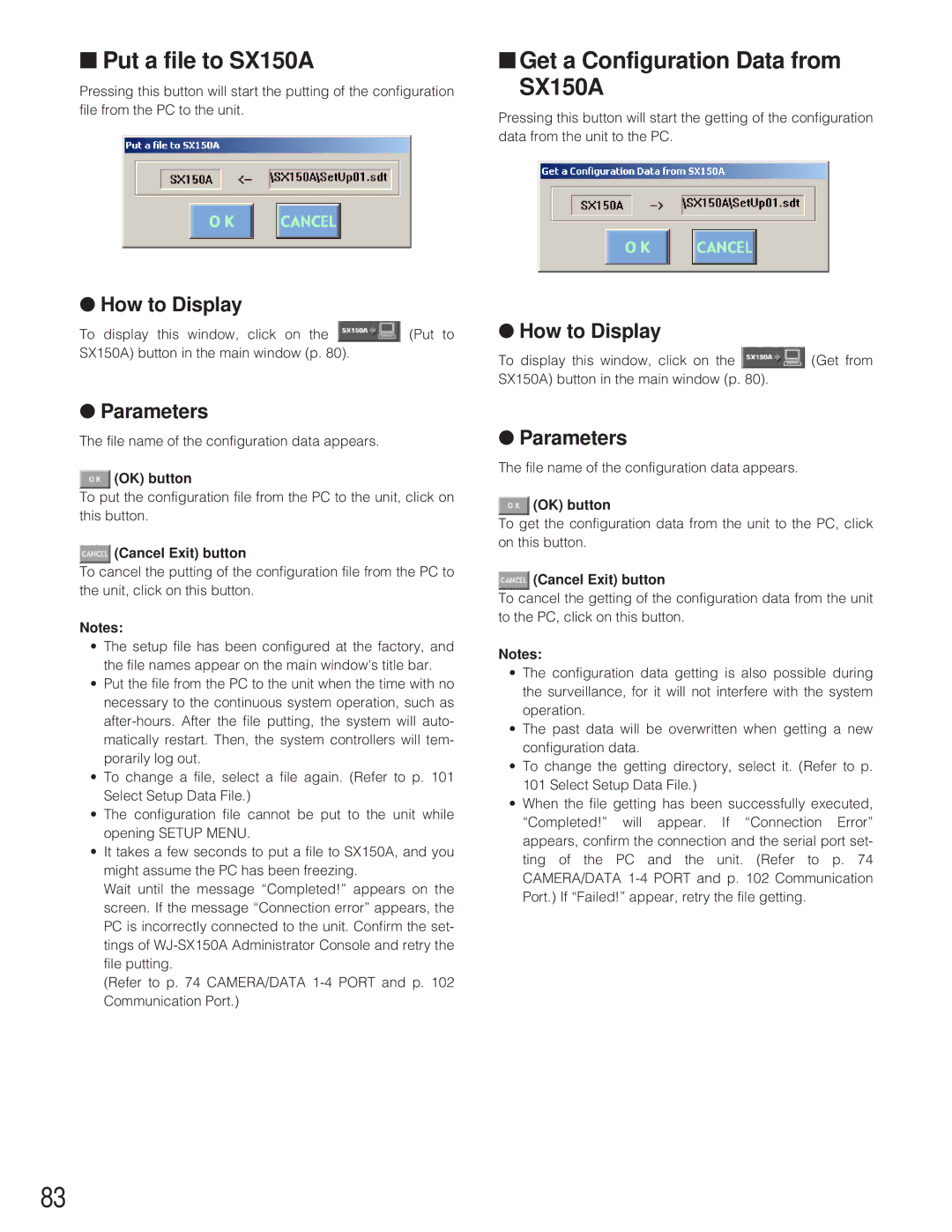 Panasonic WJ-SX 150A manual Put a file to SX150A, Get a Configuration Data from SX150A, OK button 