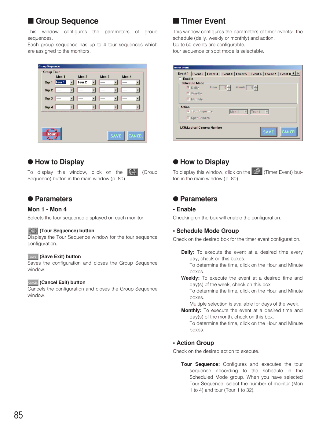 Panasonic WJ-SX 150A manual Group Sequence, Mon 1 Mon, Enable, Schedule Mode Group, Action Group 